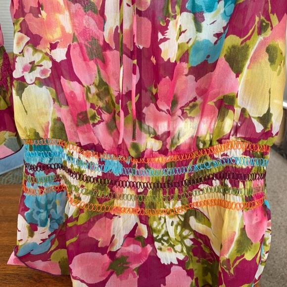 Hessi Pink/Blue/Green/Yellow Floral SheetSmocked Women's Top Size Small - Picture 7 of 8